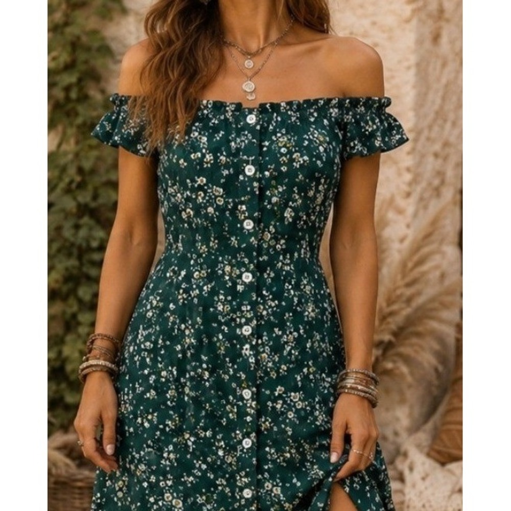 Cottagecore Off‎ Shoulder Floral Sundress Green Fairy